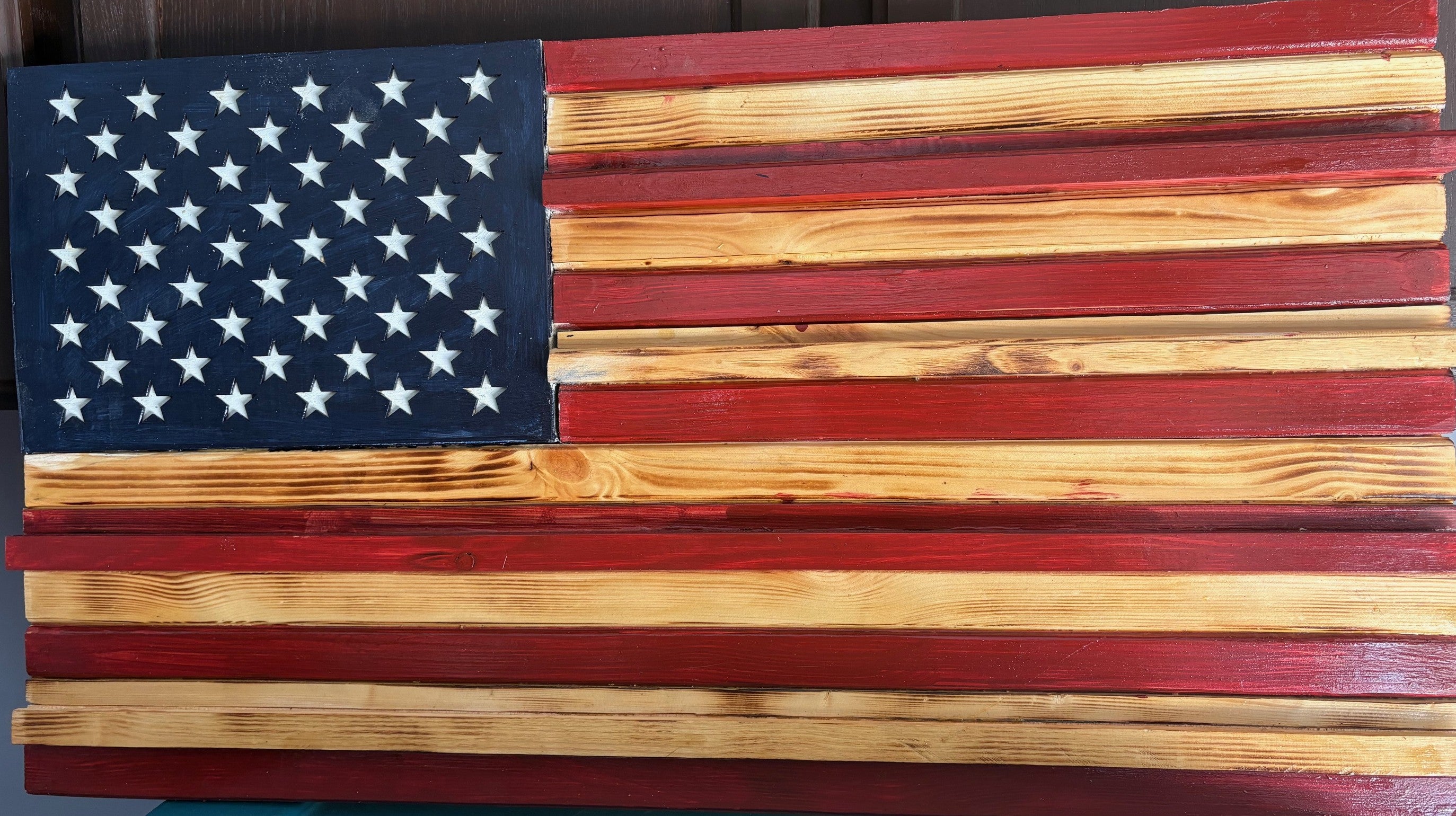 Measuring aproximate 18 by 30 inches, this Rusty American Handcrafted Flag is expertly designed to exhibit a vintage, weathered appearance that delivers authentic rustic charm.