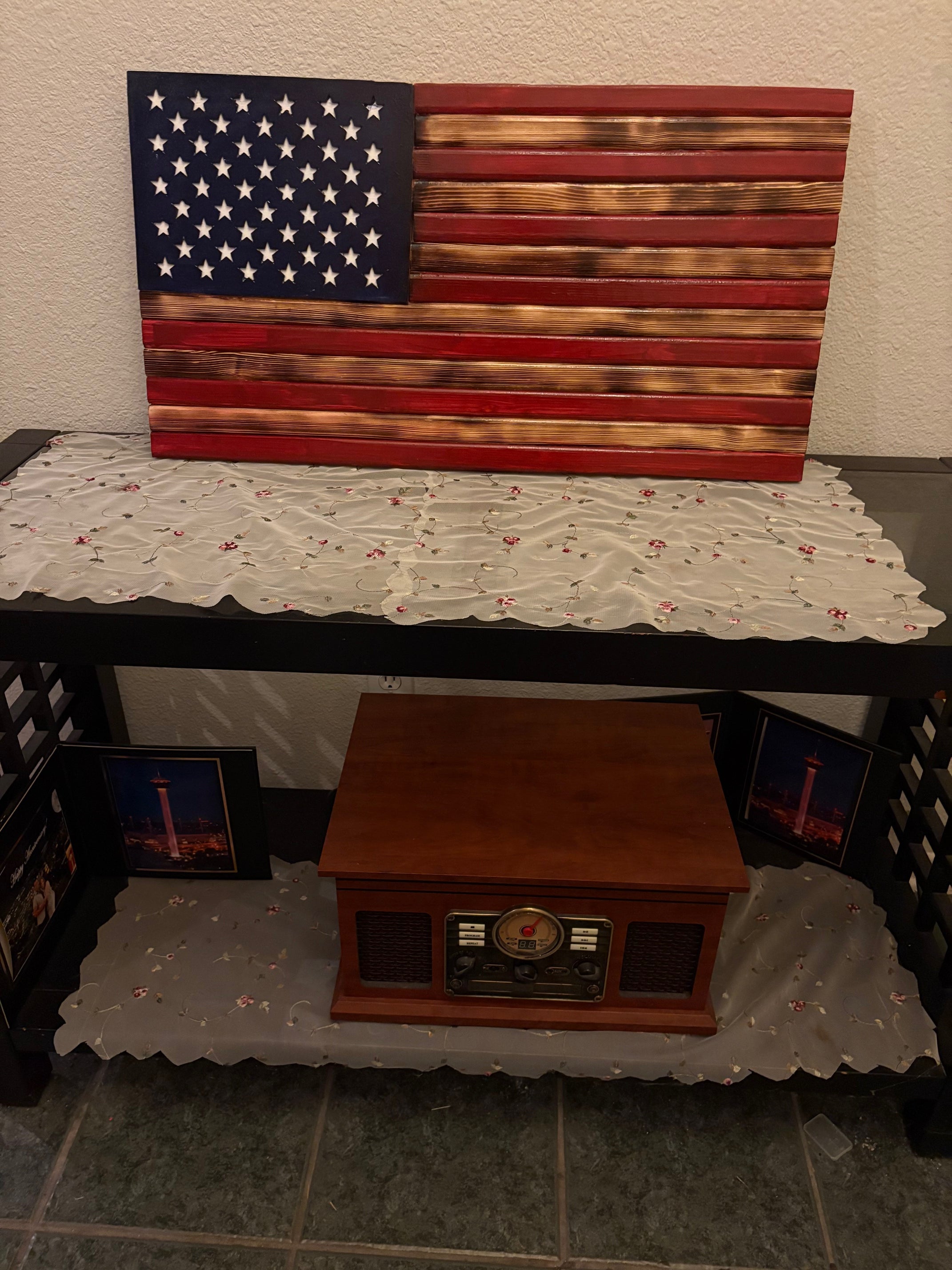 Measuring aproximate 18 by 30 inches, this Rusty American Handcrafted Flag is expertly designed to exhibit a vintage, weathered appearance that delivers authentic rustic charm.