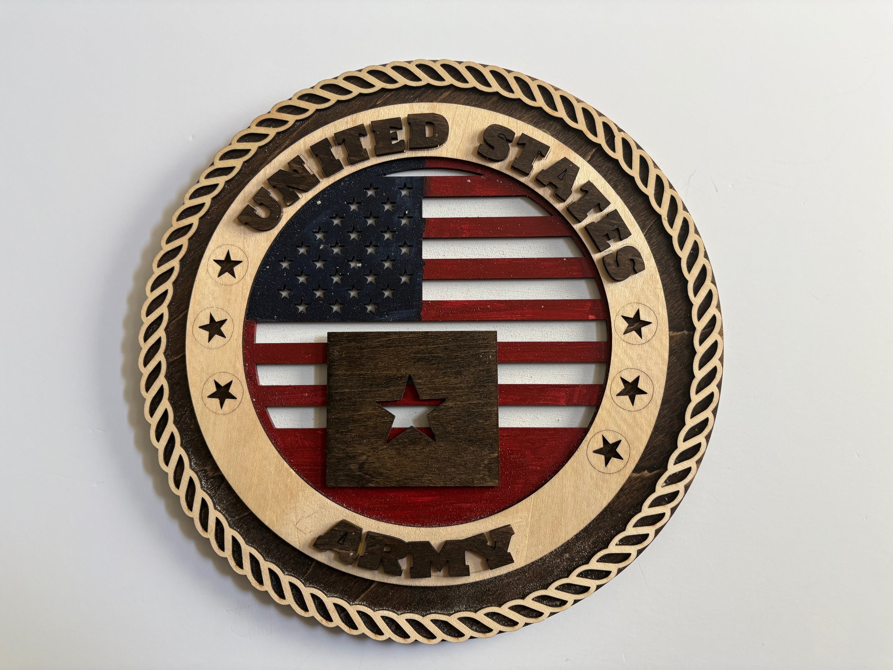 U.S. Army plaque features a finely detailed Logo set against a meticulously painted American flag backdrop,