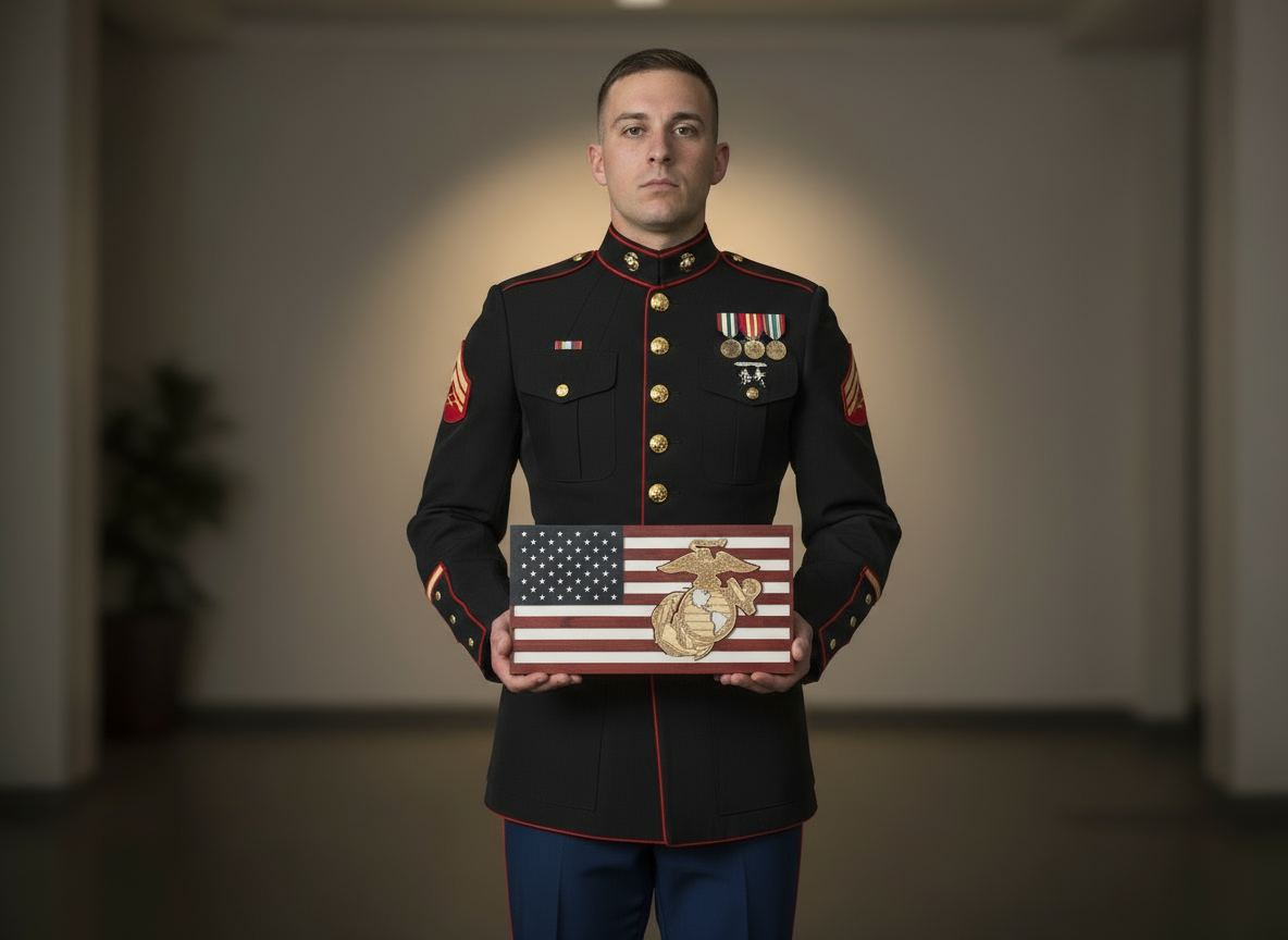 This design features the Marine logo expertly incorporated into the American flag, making.